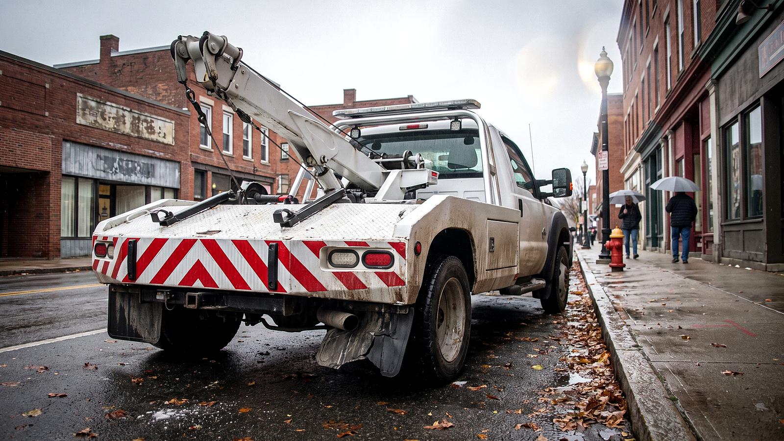 A wheel-lift tow truck parked at a curb with its boom retracted and reflective chevron striping on the rear