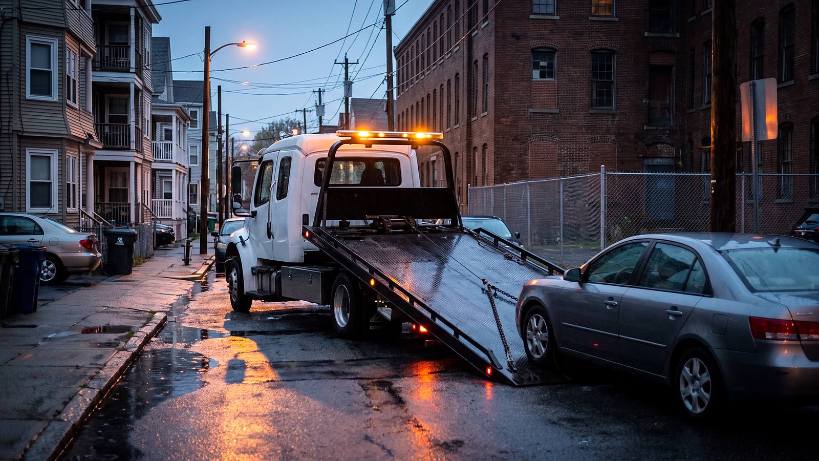 A flatbed tow truck with its bed tilted, loading a sedan on a wet city street at dusk